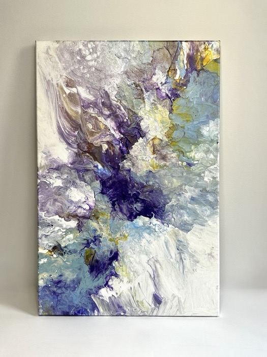 Abstract poured acrylic in violet, white and grey, the paint pooling into cloud-like veins on an upright canvas.