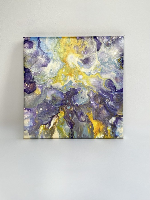 Small square poured painting, violet and yellow marbling through white.