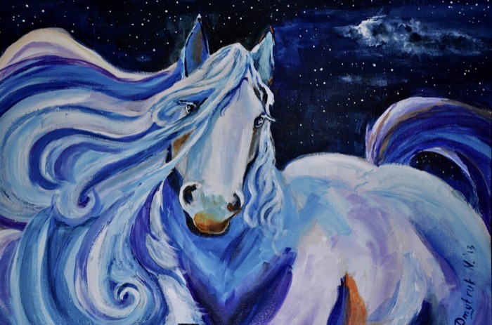 A white horse with a long flowing mane, painted in blues against a dark starry sky.
