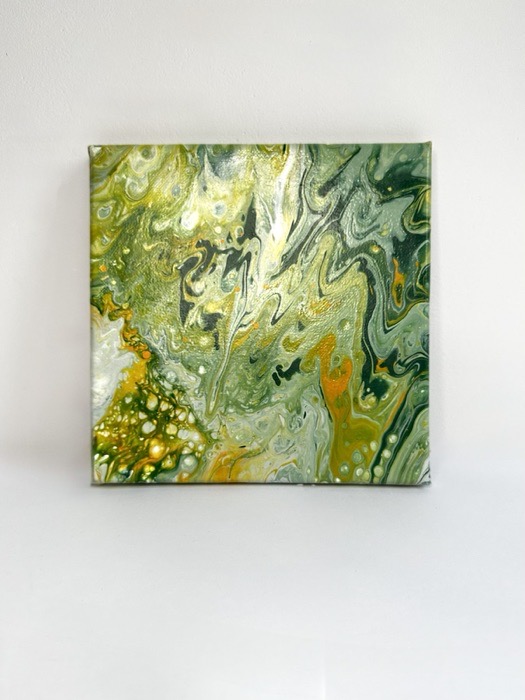 Abstract poured painting in greens, white and gold on a square canvas.