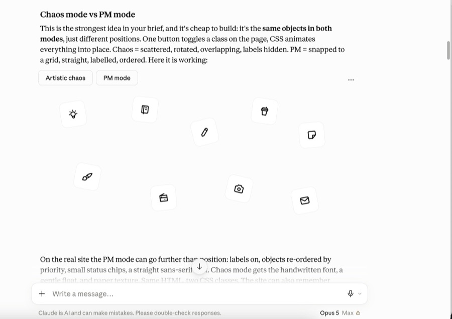 A Claude preview of the home page demonstrating the two modes: one button scatters the desk objects for artistic chaos, the other snaps the same objects onto a grid for PM mode.