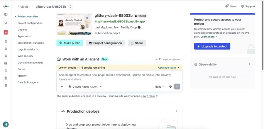 The Netlify dashboard for this site, showing the project overview and the list of production deploys.