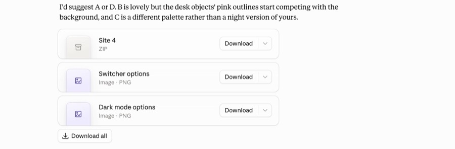 A Claude conversation recommending one of the design options, with the files attached for download.