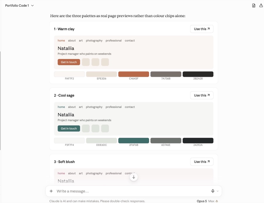 Three colour palettes - warm clay, cool sage and soft blush - each shown as a real page preview rather than a row of swatches, with its hex values underneath.