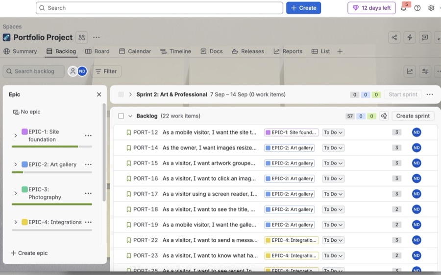The backlog of the Portfolio Project board in Jira. A panel on the left lists four epics - Site foundation, Art gallery, Photography and Integrations - each with a progress bar. The backlog beside it holds 22 work items written as user stories, PORT-12 onwards, every one tagged with its epic, a To Do status and a story-point estimate.