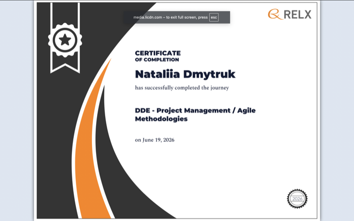 RELX certificate of completion for DDE - Project Management / Agile Methodologies, awarded to Nataliia Dmytruk on 19 June 2026.