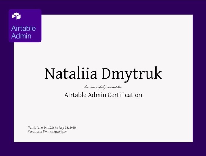 Airtable Admin certificate.