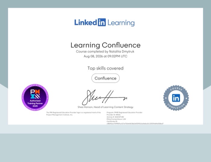 LinkedIn Learning certificate for Learning Confluence, completed 6 August 2026.