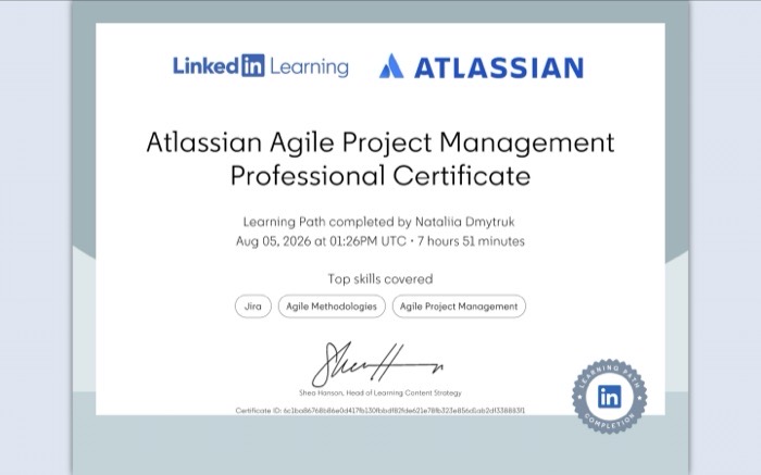 LinkedIn Learning and Atlassian Agile Project Management Professional Certificate, completed 5 August 2026, covering Jira, agile methodologies and agile project management.