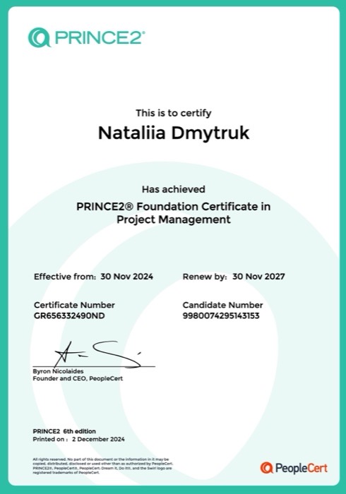 PRINCE2 Foundation certificate.