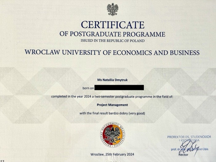 Postgraduate Diploma in Project Management certificate.