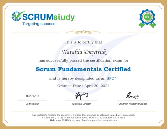 Scrum Fundamentals Certified certificate.