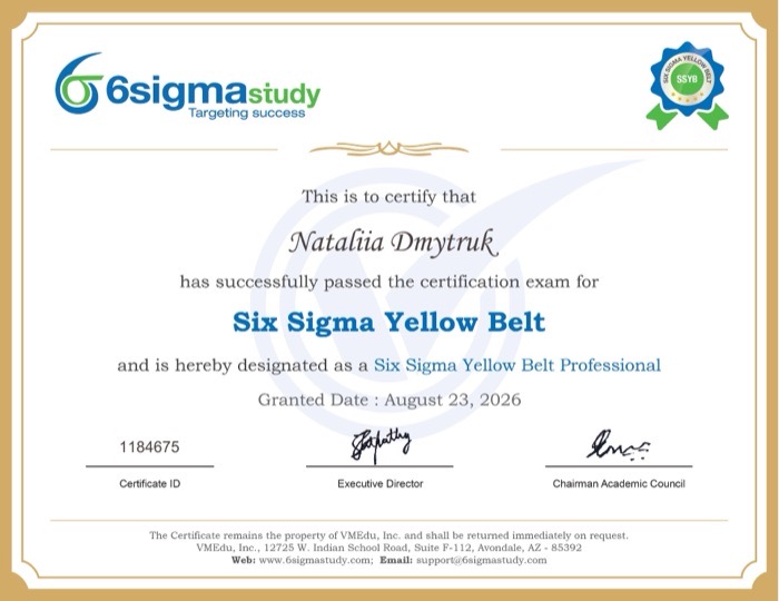 Six Sigma Yellow Belt certificate.