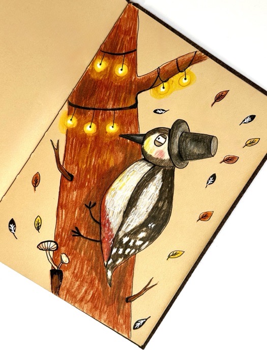 Sketchbook page: a woodpecker in a top hat among autumn leaves.