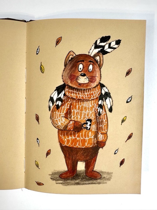 Sketchbook page: a chipmunk in a cable-knit jumper holding a mug.