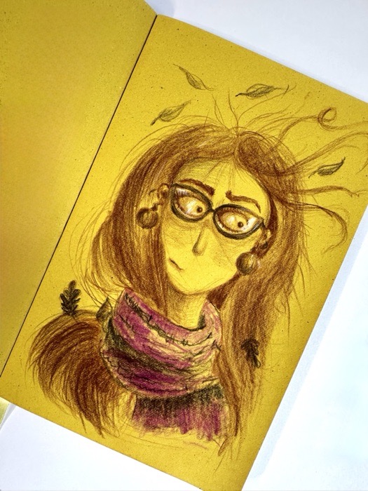 Sketchbook page: a portrait of a woman in glasses, her hair blowing loose, on yellow.
