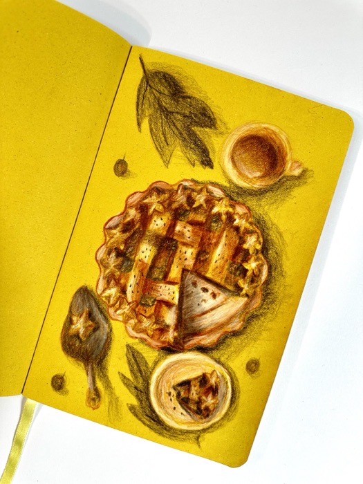 Sketchbook page: an apple pie with a slice lifted out, a cup of tea and leaves, on yellow.
