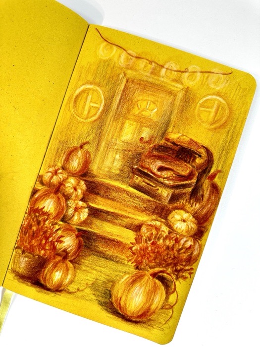 Sketchbook page: an autumn scene with pumpinks on yellow.