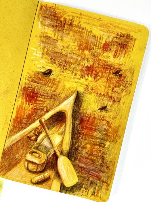 Sketchbook page: a boat in amber and gold, worked in heavy texture.
