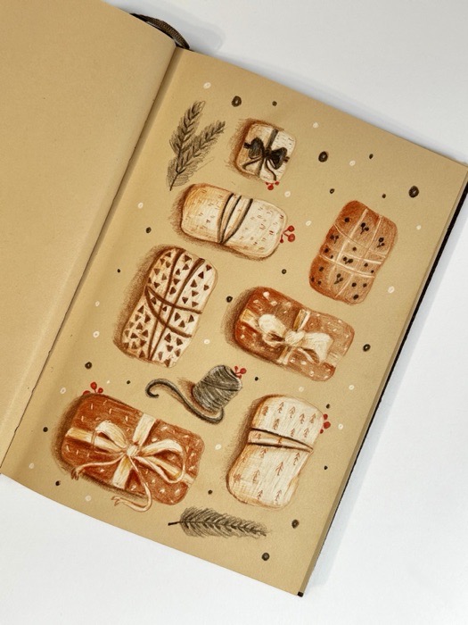Sketchbook page: a grid of small drawings - pastries, parcels and pressed leaves.
