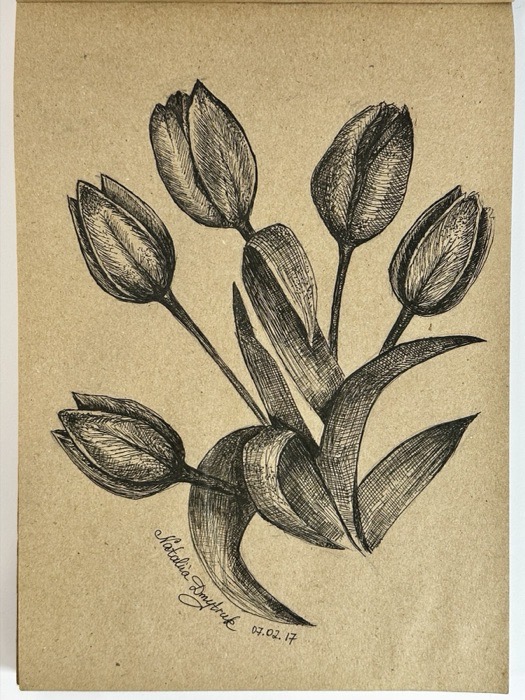 Tulip buds and leaves on kraft paper, signed.