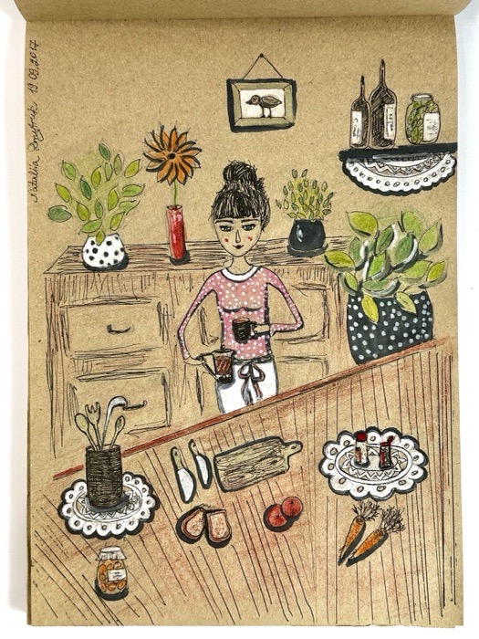 Sketchbook page: a kitchen scene - someone at a counter among plants, jars and vegetables.