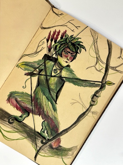 Sketchbook page: a green-haired character in leaf-green clothes.