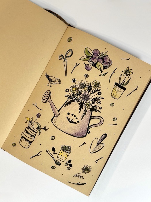Sketchbook page: a watering can full of wild flowers, with pots and seed packets around it.