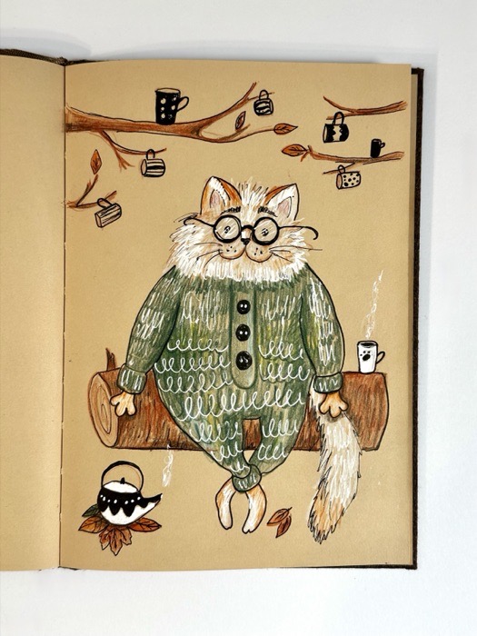 Sketchbook page: a cat in a knitted cardigan surrounded by teacups.