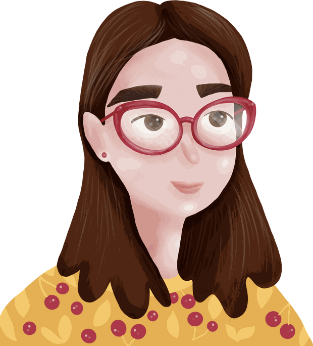 Illustrated portrait of Nataliia: long dark hair, round red glasses, a yellow jumper with cherries.